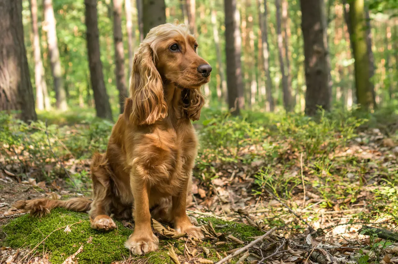 Cocker Spaniel sitting in the woods