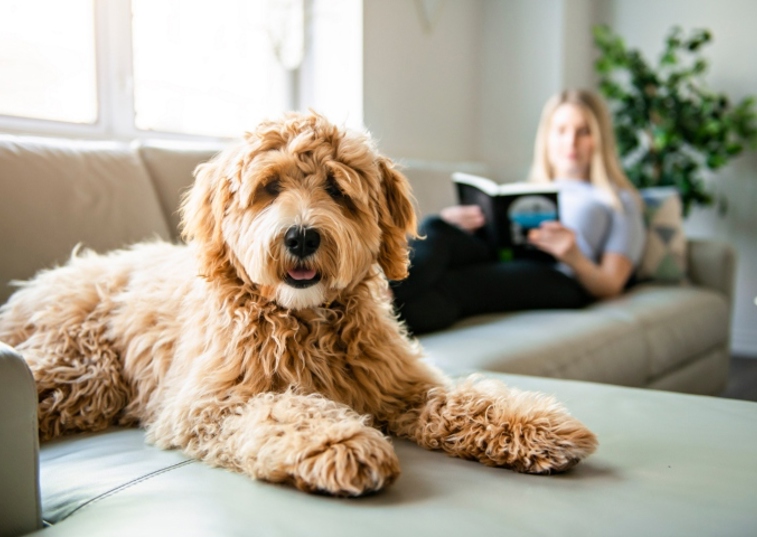 fluffy dog laying on the sofa