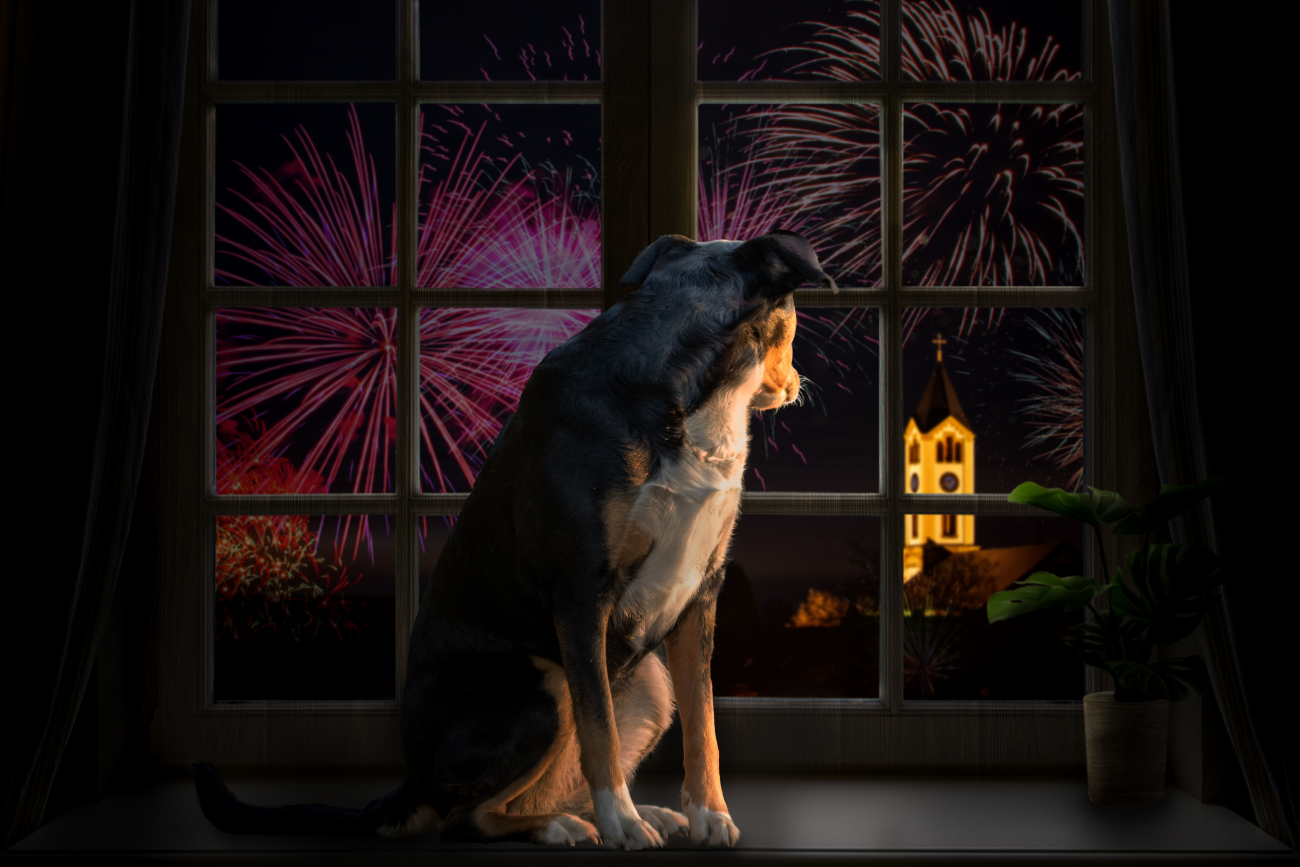 dog looking at the fireworks